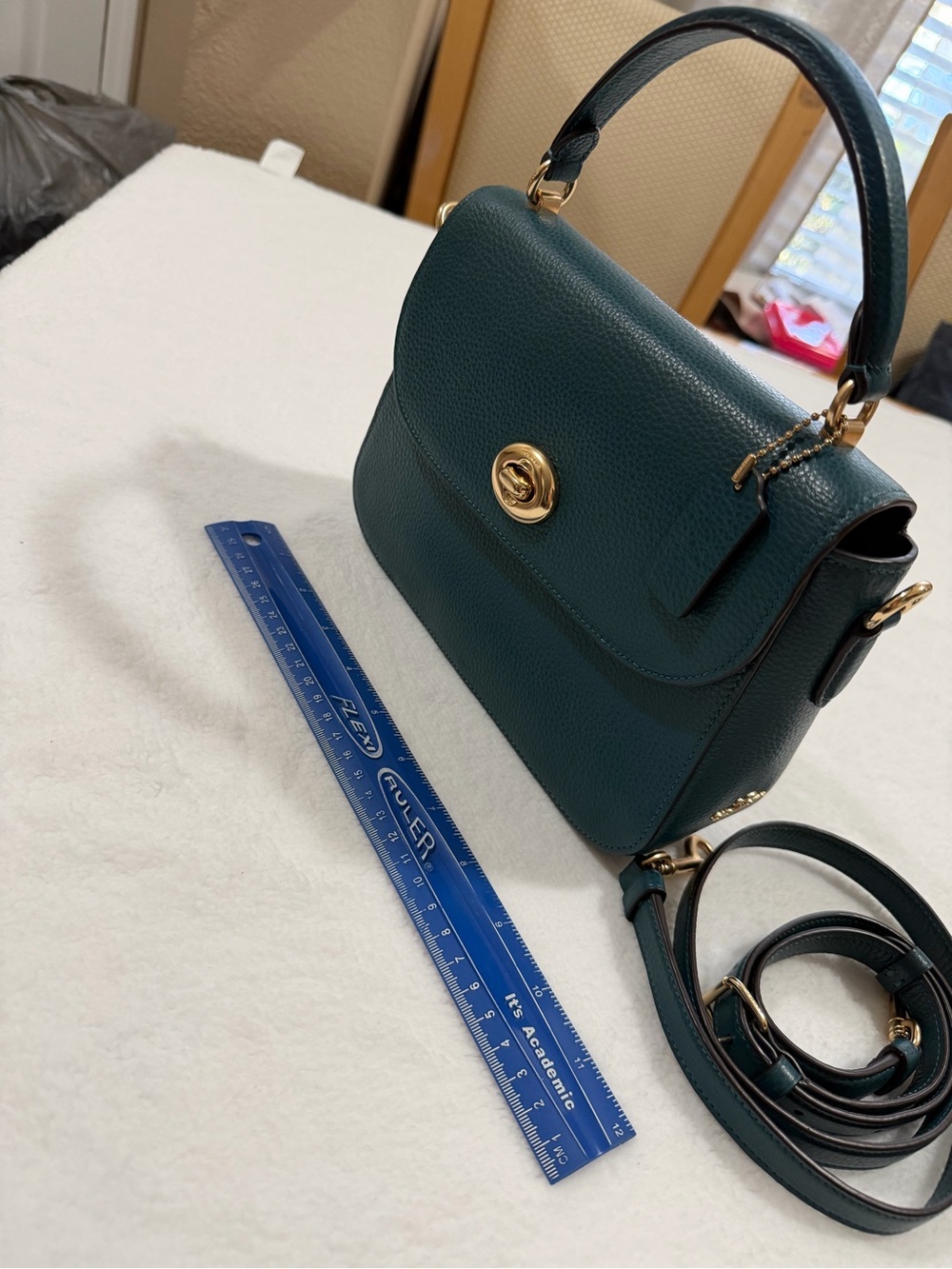 Women's Teal Leather Top-Handle Crossbody Bag - Gold Hardware - Picture 2 of 8
